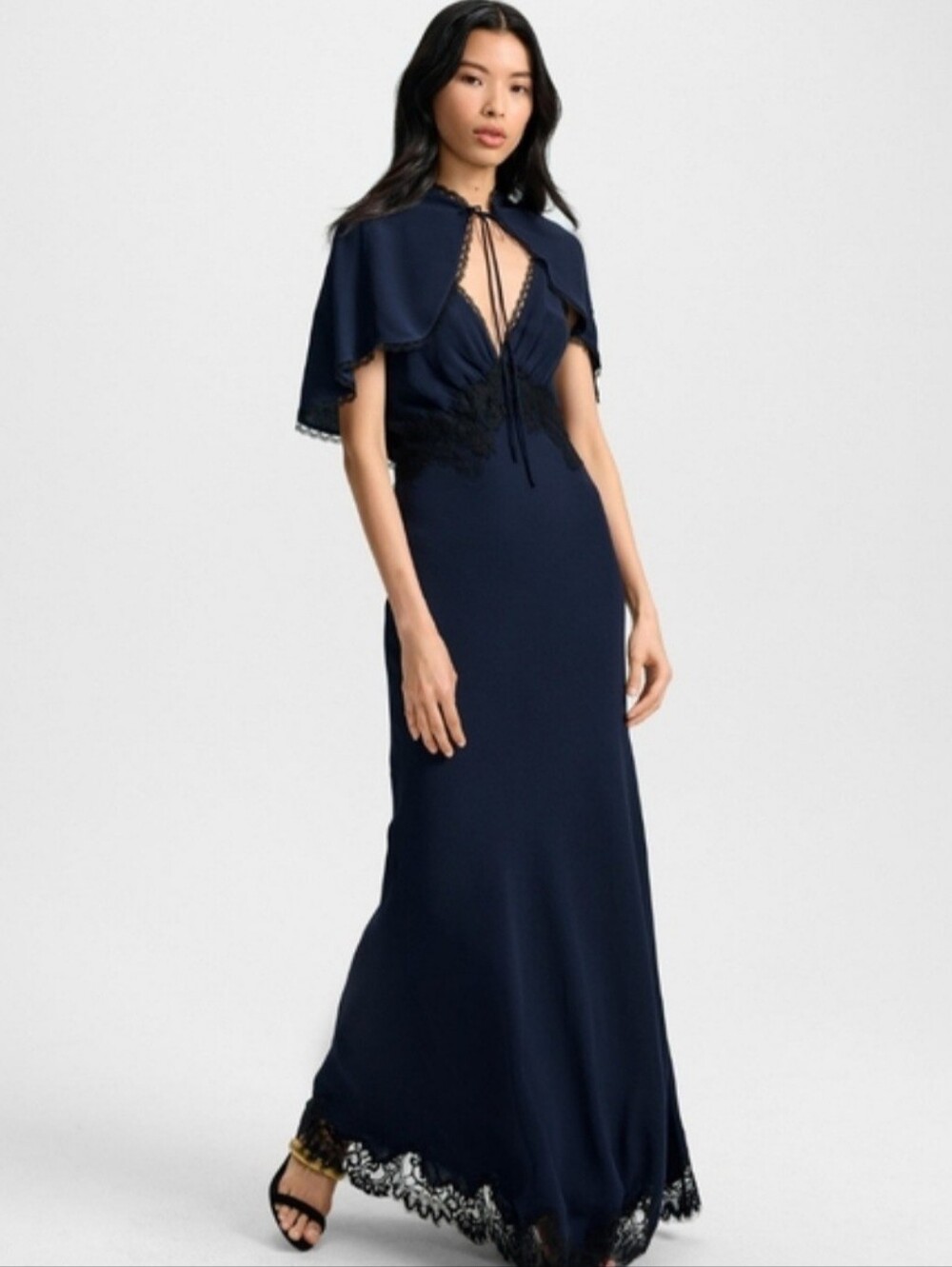 Veronica Beard Muriel Navy Lace-Trim Maxi Dress with Capelet